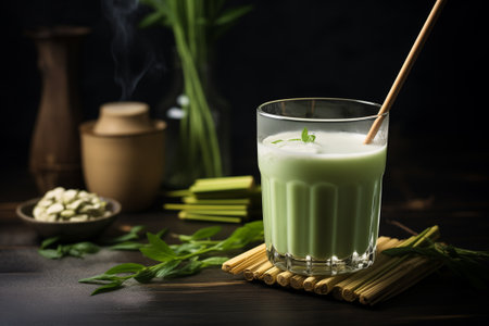 Japanese iced matcha latte, green tea with milk, soy milk, traditional matcha tools, with bamboo straw in glassの素材