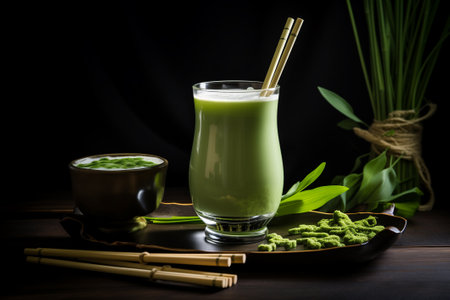 Japanese iced matcha latte, green tea with milk, soy milk, traditional matcha tools, with bamboo straw in glassの素材