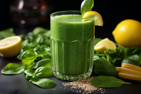 Green smoothie with spinach and chia seeds in glass on the table, kitchen decoration background. Detox drink, clean eatingの素材