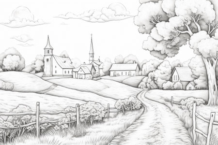 Coloring page, black and white drawing of a village. Black and white clean coloring page for kids and adultsの素材