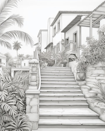 Black and white clean coloring page for kids and adults. Coloring page, black and white drawing, Spain villageの素材