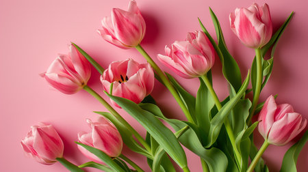 Bouquet of pink tulips on pink background. Mother's day, Valentine's Day, Birthday celebration concept. Greeting card. Copy space for text, top viewの素材