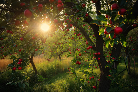 Apple tree garden. National apple day. Ripe apple harvestの素材