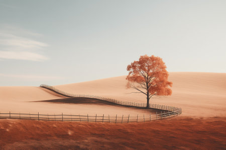 The dry hills look like sand dunes with a lone tree and a fence on the farm. A concept reflecting global warming or climate changeの素材