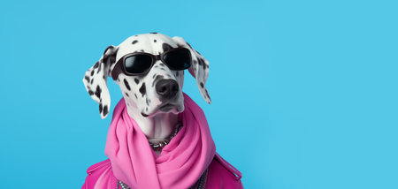 A portrait of a funky anthropomorphic Dalmatian dog wearing pink scarf on a blue background, copy space for text, bannerの素材