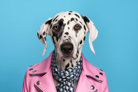 A portrait of a funky anthropomorphic Dalmatian dog wearing pink jacket and scarf on the blue background, looking in the camera. National Dress Up Your Pet Dayの素材