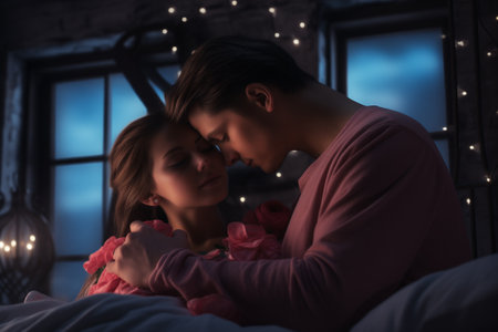 Loving couple hug each other on the bed, love story. Concept of love, relationship, Valentine's Day, emotions, lifestyleの素材