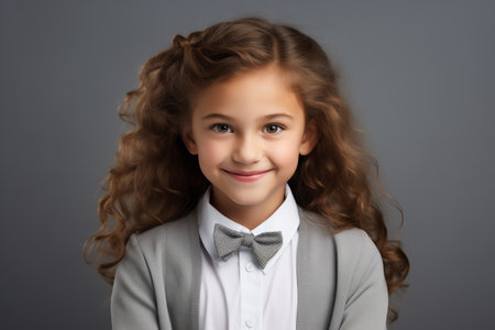 Pretty schoolgirl smiling, looking at camera, back to school concept, isolated on the gray backgroundの素材