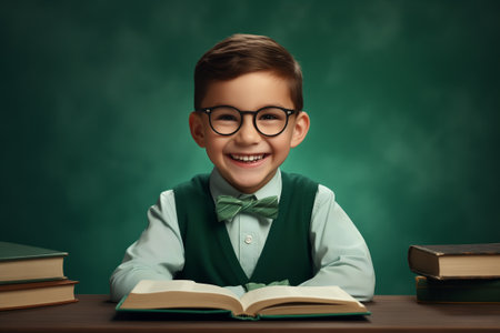 Schoolboy 7-9 years in glasses and with book om head, smiling, looking at camera, isolated on the green backgroundの素材