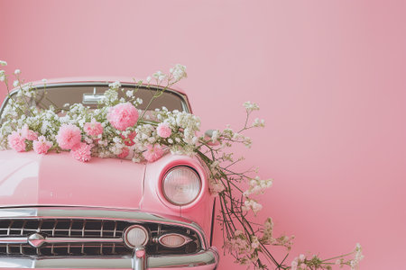 Pink retro car with flowers on pink background. Valentine day, February 14 card. International women's day 8 March, Mother day, Birthday gift, Wedding. Flowers delivery. Copy spaceの素材
