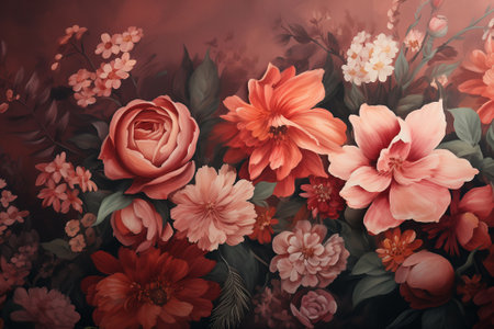 Wallpaper design with floral paint, beautiful red peony flower with leavesの素材
