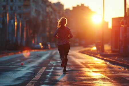Young woman jogging in the street, blur city background. Sports and active healthy lifestyle conceptの素材