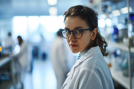 Young woman scientist wearing white coat and glasses in modern medical science laboratory with team of specialists on backgroundの素材