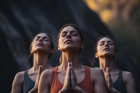 Beautiful fit women doing breath exercise togetherの素材