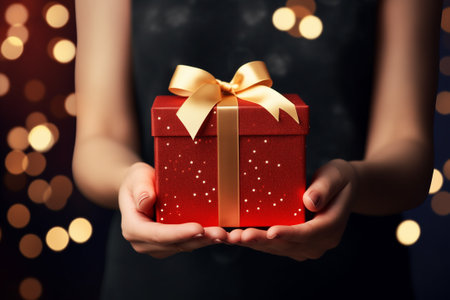 Woman hands holding elegant red present gift box with golden ribbonの素材