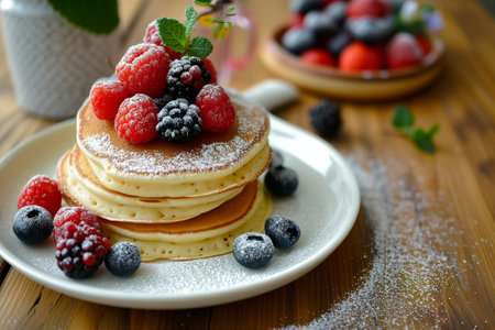 Japanese soft pancakes with berries sprinkled with powdered sugarの素材