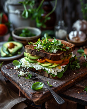 Sandwich with black rye bread, cottage cheese and avocado mousseの素材