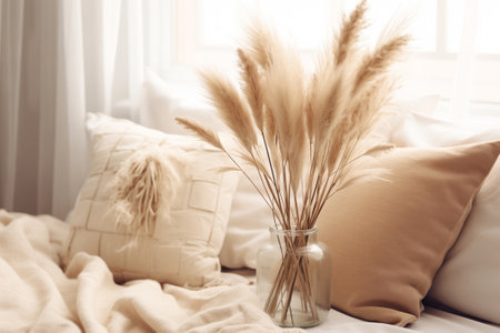 Dry pampas grass flowers in a glass vase on a coffee table next to a bed, beige colored pillows and cushions, boho styleの素材