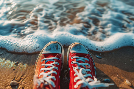 Selfies of red sneakers on gold beach near blue waterの素材