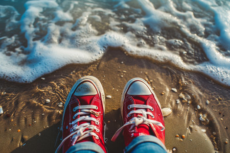 Selfies of red sneakers on gold beach near blue sea waterの素材