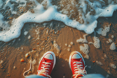 Selfies of red sneakers on gold beach near blue waterの素材