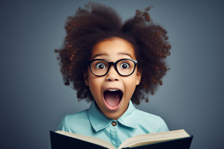 Afroamerican black school boy kid 6-8 years in glasses and with book, funny, smiling, looking at camera, on the dark background, studio shot. Back to school conceptの素材
