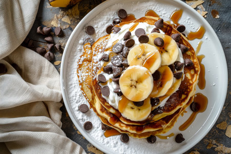 Pancakes with caramelized bananas, natural yogurt, chocolate chips on a white plate. View from aboveの素材