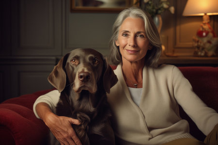 Beautiful middle aged woman sitting on sofa at home with dog, single mature senior in living roomの素材