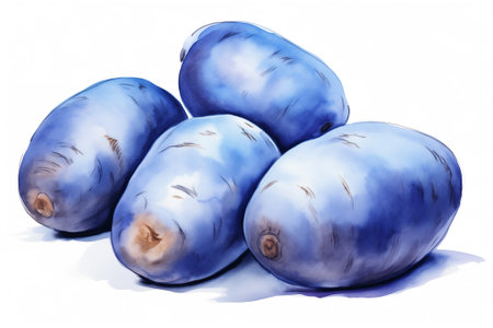 Blue sort potatoes isolated on whiteの素材