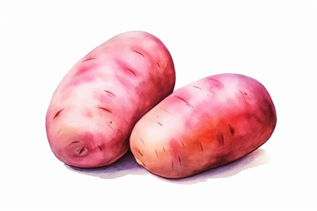 watercolor red wonder pink potatoes isolated on whiteの素材
