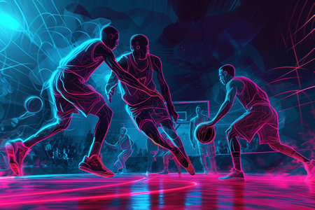 Abstract neon colored illustration of basketball gameの素材