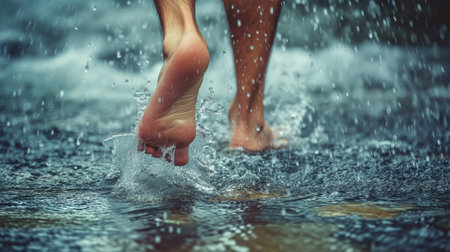 Close up photo of a man's feet stepping on water, water splashing, short exposure, shallow depth of fieldの素材