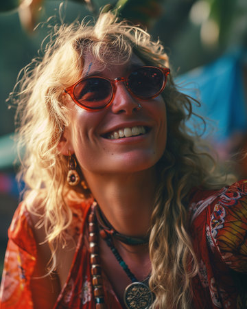 Close up portrait of a happy fair-haired woman in sunglasses, colorful psychedelic 1970s yearsの素材