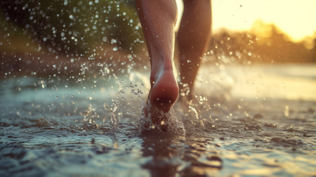 Close up photo of a man's feet stepping on water, water splashing, short exposure, shallow depth of fieldの素材