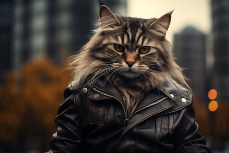 An anthropomorphic daring Cat in a leather jacket on the background of city streets rainy autumnの素材