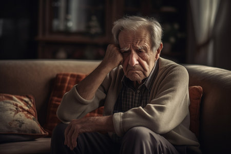 A sad, tired, sick, lonely, disappointed elderly man is sitting on a couchの素材