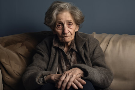 Sad tired ill sick lonely disappointed old elderly senior woman. Grandmother sitting on the sofa couch, feeling nostalgia, pain, missing grandchildrenの素材