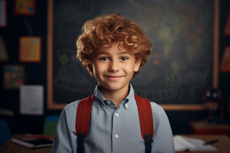 School boy, cute, pretty with red curly hair, smiling, looking at camera, back to school concept, with a school blackboard in the background behind the backの素材