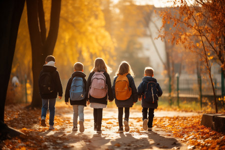Students walking to school together outdoor, back to school conceptの素材