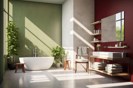 Full of sun light white minimalistic bathroom, green and burgundy interior elementsの素材