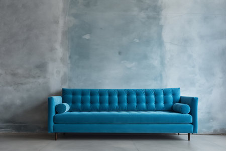 Blue sofa against concrete wall. Scandinavian loft home interior design, modern living room, minimalist studio apartmentの素材