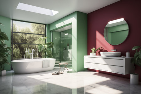 Full of sun light white minimalistic bathroom, green and burgundy interior elementsの素材