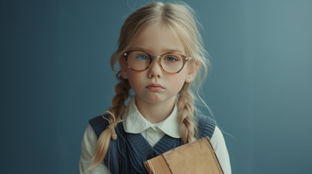 Blond school girl in glasses and with book, looking at cameraの素材