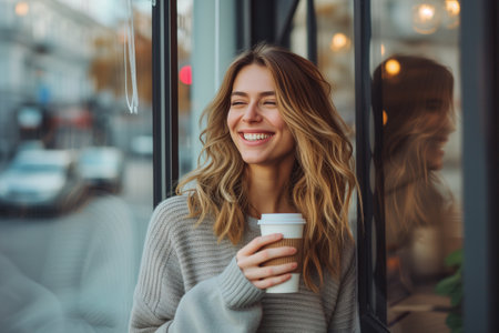 Portrait of smiling woman holding coffee cup at windowの素材