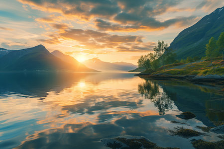 A picture of a tranquil fjord in Northern Norway under the midnight sunの素材