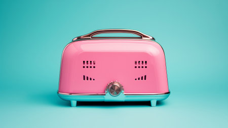 Light magenta vintage toaster with chromium elements on blue background, minimalist. Retro futuristic home applianceの素材