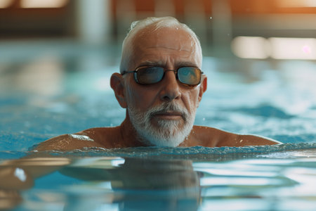 Healthy man senior swimming in indoor pool enjoying sportive lifestyle and active retirementの素材