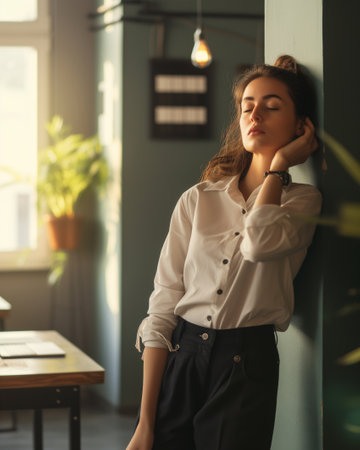 businesswoman having a break leaning against a wallの素材