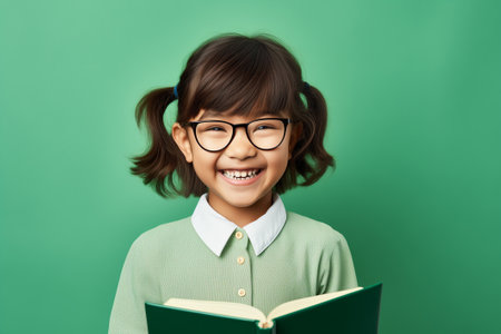 Asian school girl in glasses and with book, smiling, looking at camera, on the green backgroundの素材