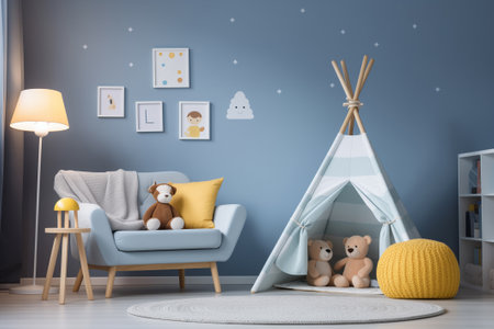 A soft powder blue wall in a child's roomの素材